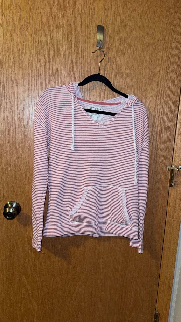 Billabong Women's Red and White Striped Pullover Hoodie Size Medium